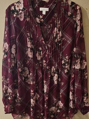 Charter Club Burgundy Floral Plaid Long-Sleeve Blouse